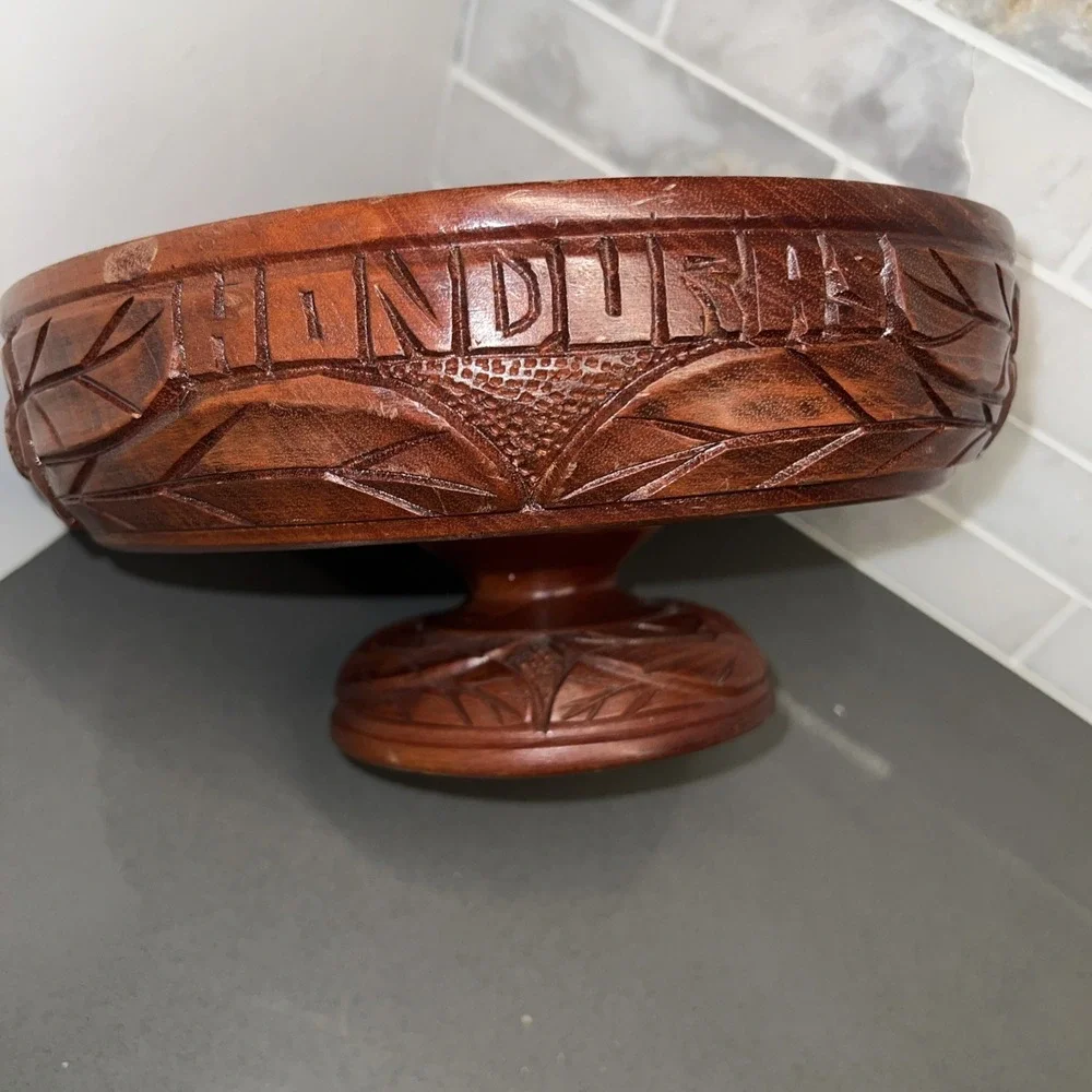 Vintage Carved Wood Tiki Bowl Tribal Ethnic Honduras Large Pedestal Centerpiece